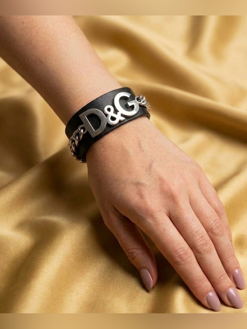 Dolce & Gabbana Black Leather Cuff Adjustable Bracelet w/ Silver D&G Logo NWT